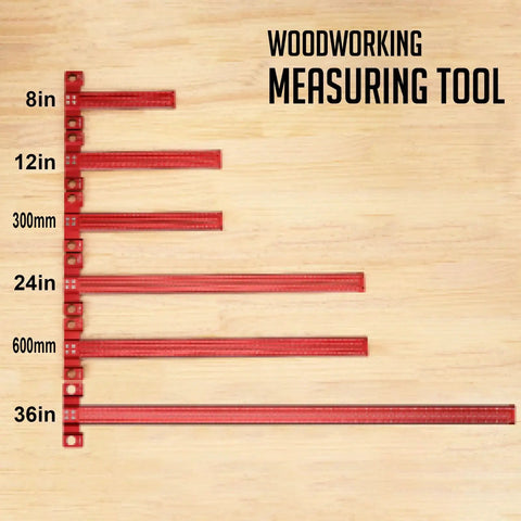 Woodworking T-Square measuring tool in sizes from 8in to 36in displayed on wooden background.