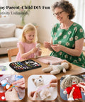 Grandmother and child using All In One Sewing Kit For On The Go Quick Fixes And DIY Repairs with sewing tools on a table.
