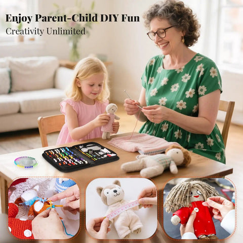 Grandmother and child using All In One Sewing Kit For On The Go Quick Fixes And DIY Repairs with sewing tools on a table.