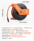 Professional Grade Retractable Air Hose Reel Half Inch By Fifty Feet Solid Rubber Compressor Line Featuring Dead Simple Auto Rewind Mechanism And Short Lead In Cable For Slick Garage Setup, side view with 50-foot orange rubber hose.