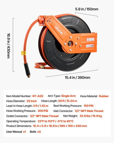 Professional Grade Retractable Air Hose Reel Half Inch By Fifty Feet Solid Rubber Compressor Line Featuring Dead Simple Auto Rewind Mechanism And Short Lead In Cable For Slick Garage Setup, side view with 50-foot orange rubber hose.