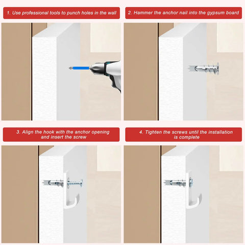 Installation steps for 240 Piece Zinc Self Drilling Drywall Anchors And Screws Kit With Cross Groove Drill Bit