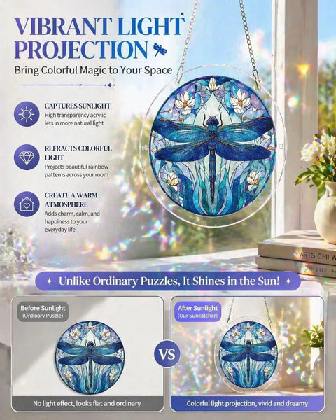 Acrylic Sun Catcher Puzzle Kit With 83 Pieces, DIY Stained Glass Style Suncatcher For Windows, vibrant dragonfly design.