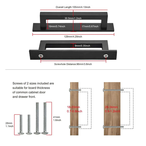 Heavy Duty Square Cabinet Pulls With Knockout Matte Black Finish 10 Pack 96Mm Center Spacing Tough Zinc Alloy dimensions and screw details.
