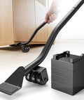 Heavy Duty Furniture Lifter Jack For Carpet Sliders And Hardwood Floors 660 Lb Capacity Includes Four Stackable Blocks To Raise Furniture Easily Smooth Rolling Wheels Back Saving Tool shown lifting furniture with stackable blocks.