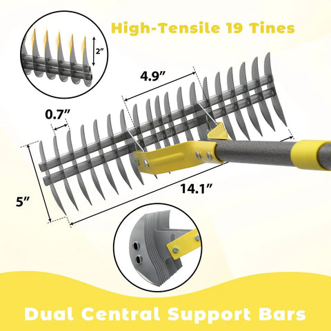 Diagram of 55 Inch Dual Head Thatching Rake for Lawn Care showing 19 high-tensile steel tines and dual central support bars.