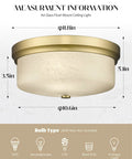 Close To Ceiling 12 Inch Flush Mount Light Fixture In Gold Metal Finish With Handmade White Marble Art Glass Shade For A Cool Retro Industrial Vibe In Bedroom Living Room Hallway Kitchen And Laundry with dimensions and bulb type shown.