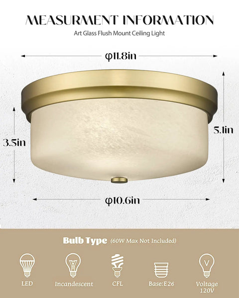 Close To Ceiling 12 Inch Flush Mount Light Fixture In Gold Metal Finish With Handmade White Marble Art Glass Shade For A Cool Retro Industrial Vibe In Bedroom Living Room Hallway Kitchen And Laundry with dimensions and bulb type shown.