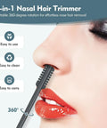 2-In-1 Nose Hair Trimmer With Dual-Sided Blade And Cleaning Brush, shown trimming nose hair for men and women, easy to clean.