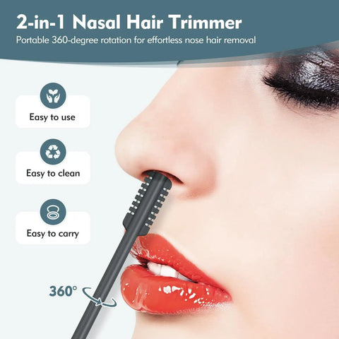 2-In-1 Nose Hair Trimmer With Dual-Sided Blade And Cleaning Brush, shown trimming nose hair for men and women, easy to clean.