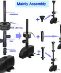 660GPH Submersible Pond Pump with Inside Filter and RGB LED Kit assembly diagram with multiple spray nozzles