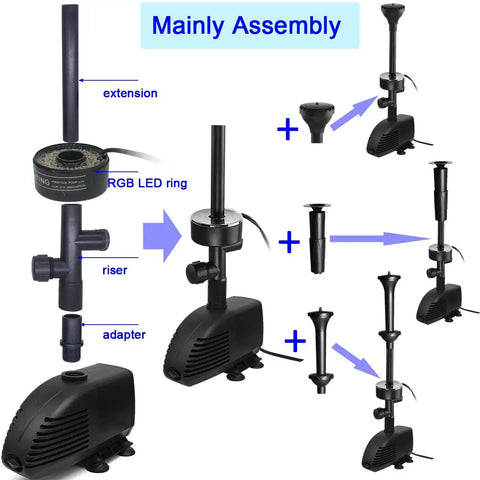 660GPH Submersible Pond Pump with Inside Filter and RGB LED Kit assembly diagram with multiple spray nozzles