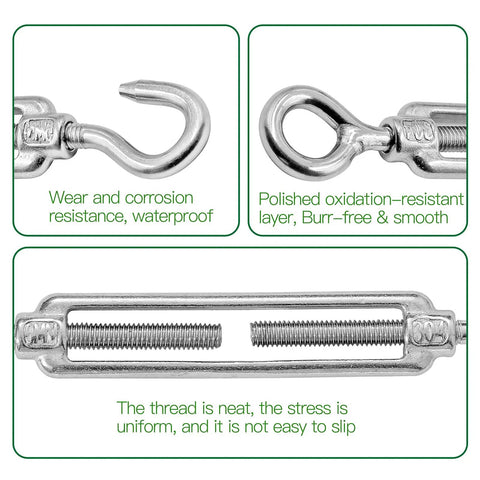 Heavy Duty M6 Hook And Eye Turnbuckle Set With 304 Stainless Steel Hardware features corrosion resistance and smooth threads.