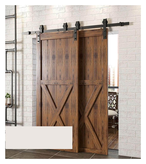 Bypass Sliding Barn Door Hardware Kit 6.6 Feet Rustic Single Track For Double Doors installed in a home setting