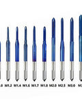 10Pc Tungsten Steel Screw Tap Set Straight Flute Machine Taps M1-M3.5 with blue coated threads for precise drilling.
