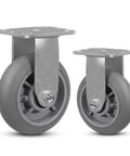 Two heavy-duty rigid casters with 6x2 in thermoplastic rubber wheels and mounting plates, non-marking, 1000 lb capacity