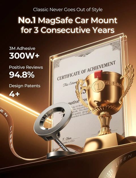 Award trophy and certificate showcasing the MagSafe Car Mount For iPhone 17 Pro Max With 24 Strong Magnets, top-rated product.