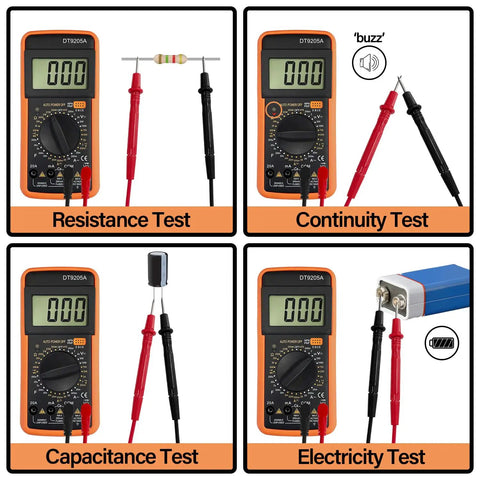 Handheld Digital Multimeter with Three and a Half Digit Display for DIY and Pros, showing resistance, continuity, capacitance, and electricity tests