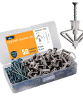 Knockout Drywall Anchor Kit With Screws For Hollow Walls Contains Fifty Grey Plastic Wall Plugs And Bolts in a clear storage case.