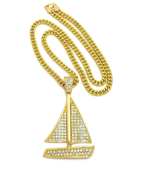 Iced Out Bigger Size Sailing Yacht Pendant On 6mm 30 Inch Cuban Chain Necklace Gold Tone Fashion Jewelry For Men And Women A Bold Nautical Bling Statement