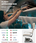 Underseat carry-on luggage with wheels in black being loaded into airplane overhead bin