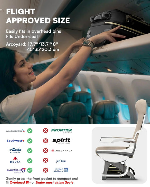 Underseat carry-on luggage with wheels in black being loaded into airplane overhead bin