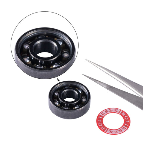 Close-up of 608-2RS skate bearings kit with spacers and washers, red seal, 16-pack
