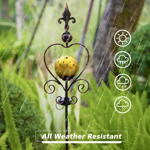 Solar Garden Lights Outdoor Decorative Stake For Yard Patio Porch Lawn Gold Globe LED Ball With Moon And Star Cutouts in rain