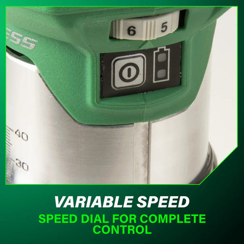 Close-up of speed dial on 18V Cordless Trim Router With Beast Mode Variable Speed 10,000 To 30,000 RPM Pro Grade Lightweight Body LED