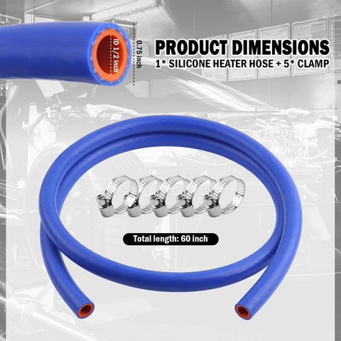 Thickened Silicone Heater Hose Kit With Five Clamps For Engine Coolant And Radiator Vacuum Lines High Temp Reinforced Flexible Silicone Hose Five Feet Long One Half Inch ID For Antifreeze Water And Air.