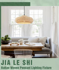 Boho Woven Rattan Pendant Light Dome Ceiling Fixture illuminating a cozy kitchen dining area with natural light