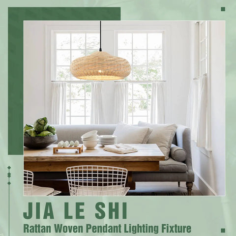 Boho Woven Rattan Pendant Light Dome Ceiling Fixture illuminating a cozy kitchen dining area with natural light