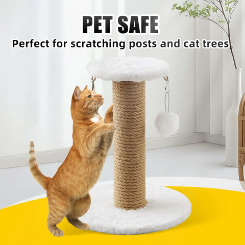 Cat using scratching post wrapped with Natural Jute Twine Rope 8mm By 50ft Heavy Duty Roll For Cat Scratching Posts Bundling Gardening And DIY Crafts