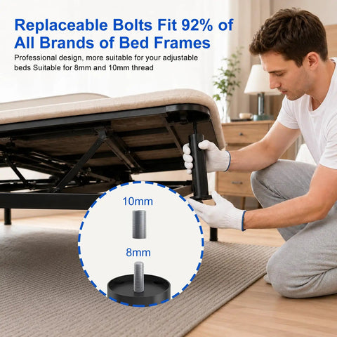 Person adjusting Heavy Duty Adjustable Bed Frame Support Legs 7 To 12 Inch Set All Metal With Enlarged Non Slip Rubber Bases M8 And M10 Compatible