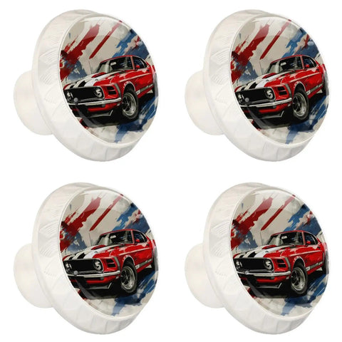 Vintage Racing Car Pattern Glass Cabinet Knob Set Four Pack Round Glass Drawer Pulls For Kitchen Wardrobe Cupboard Closet