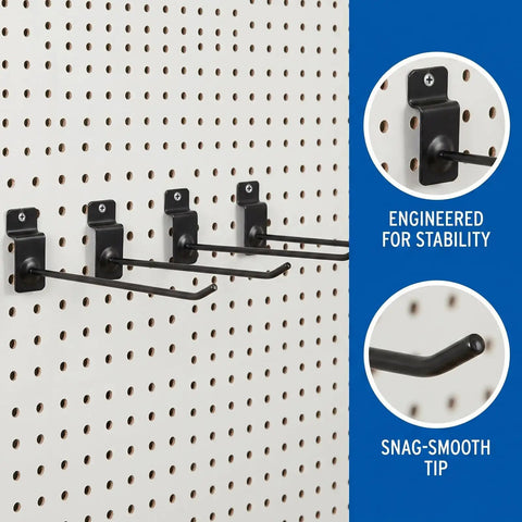 Heavy Duty Iron Shelf Hooks 20 Pack For Slatwall Slot Board And Pegboard 4mm Rod Thickness Burrfree Polished Finish No-Drill Mounting