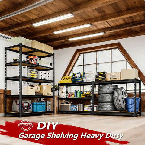 Beefy 5-Tier Heavy Duty Garage Shelving Unit, Adjustable Storage Racks, Supports Up To 2400 Lbs Total, 480 Lbs Per Shelf, Industrial Steel Shelves For Garage, Workshop, And Warehouse, 28 X 12 X 60 Inches, black steel shelves in a garage