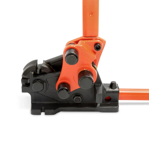 Close-up of Workhorse Rebar Cutter And Bender For 5/8 Inch Steel with shear cut blades and durable construction, side view
