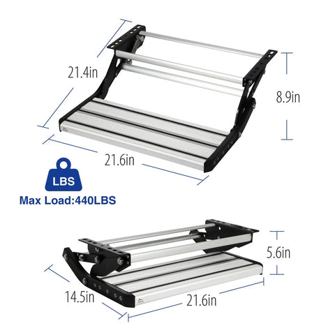 RV Camper Folding Drop Down Step For Easy Under Door Mounting 12 Mount Holes Single Drop Down Stair, aluminum, 21.6in x 14.5in, 440 lbs