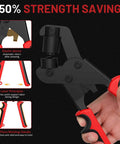Close-up of handheld eyelet pliers with ergonomic red handle from 3/8-Inch Grommet Kit, highlighting strength-saving design features.