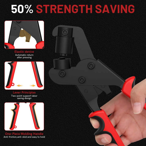 Close-up of handheld eyelet pliers with ergonomic red handle from 3/8-Inch Grommet Kit, highlighting strength-saving design features.