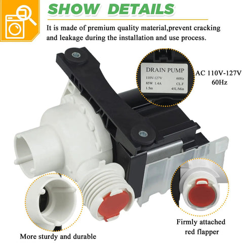 Washer Drain Pump Replacement For Kenmore Frigidaire Washers With Quiet Operation And 365 Day Warranty Easy Install Fits 137108100 134740800 AP5684706 134740500 PS7783938 Replacement Part, black and white pump close-up