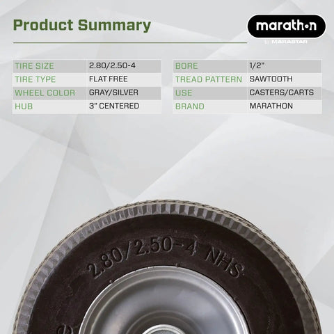 Close-up of a 2.80/2.50-4 flat free rubber tire and wheel assembly with a 3 inch centered hub, showcasing a gray/silver color.