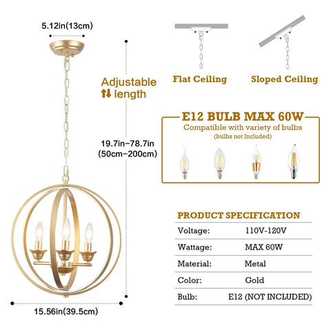 Gold Orb Chandelier Pendant Light Three Light Globe Fixture Modern Luxury options and measurements chart.