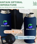 Custom Printed 32oz Stainless Steel Double Wall Insulated Tumbler Water Bottle With Lid And Straw Hella Durable Build Lets You Flex A Dope Personalized Photo Or Logo Straight Up Made In Usa showing navy blue finish and lid.