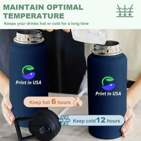 Custom Printed 32oz Stainless Steel Double Wall Insulated Tumbler Water Bottle With Lid And Straw Hella Durable Build Lets You Flex A Dope Personalized Photo Or Logo Straight Up Made In Usa showing navy blue finish and lid.