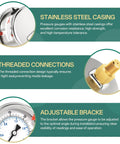 Diagram highlighting Stainless Steel Dry Pressure Gauge 0-30 Psi With 2 Inch Dial Back Mount NPT features: casing, connections, bracket.