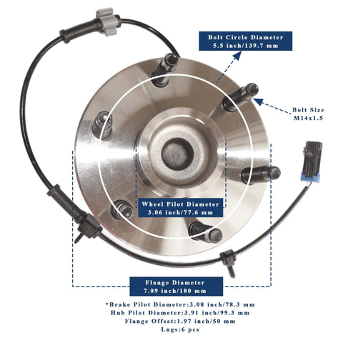 Front Wheel Hub Bearing Assembly Fits 1999 To 2004 Silverado 1500, 2000 To 2006 Tahoe, Suburban 1500, 2002 To 2006 Avalanche 1500, Sierra 1500, Yukon, Escalade, Express 1500 6 Lug Replacement showing dimensions and electrical connections.