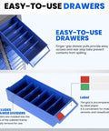 Heavy Duty Built Tough 75 Drawer Parts Cabinet With Removable Dividers showing blue drawer with label paper and easy-grip pulls