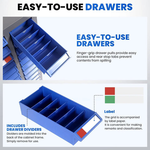 Heavy Duty Built Tough 75 Drawer Parts Cabinet With Removable Dividers showing blue drawer with label paper and easy-grip pulls